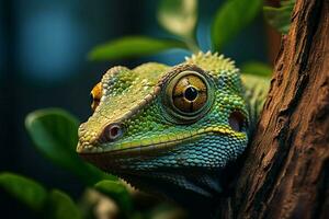 ai generado reptil elegancia cerca arriba en árbol rama en contra maravilloso antecedentes foto