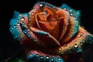 AI generated Rainbow rose with dew drops. Neural network AI generated photo