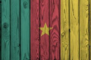 Cameroon flag depicted in bright paint colors on old wooden wall. Textured banner on rough background photo