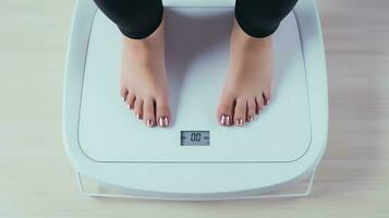 AI generated Closeup of female feet on electronic scales. Weight loss concept. photo