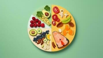 AI generated Top view of healthy food in plate, Nutrition tips Concept photo