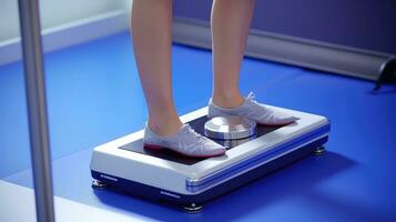 AI generated Close up of a woman standing on a weight scale with her feet on it photo
