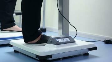 AI generated Close up of a woman standing on a weight scale with her feet on it photo