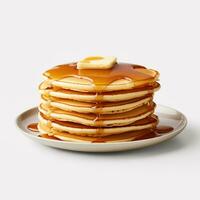 AI generated Collection of Visually Appealing Breakfast Pancakes with Butter and Syrup on Top photo