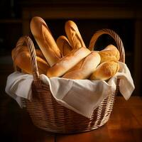 AI generated Variety of Visually Appealing Fresh Baked Bread Baskets photo