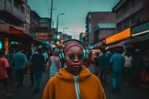 ai generado joven africano mujer vistiendo auriculares. neural red ai generado foto