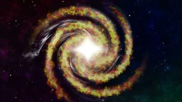 Travel Flying to Rotating Spiral gold and red Galaxy Space Floating Space Background. Deep space exploration. travel near big in star fields and nebula. Barred Spiral Galaxy Turning in Universe Stars. video