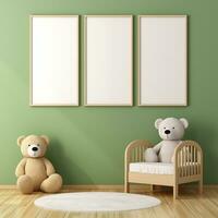 AI generated Collection of Nursery Room Frame Mockups Ready for Displaying POD Poster Illustrations photo