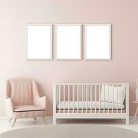 AI generated Collection of Nursery Room Frame Mockups Ready for Displaying POD Poster Illustrations photo