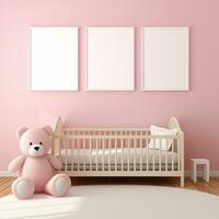 AI generated Collection of Nursery Room Frame Mockups Ready for Displaying POD Poster Illustrations photo