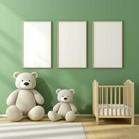 AI generated Collection of Nursery Room Frame Mockups Ready for Displaying POD Poster Illustrations photo