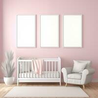 AI generated Collection of Nursery Room Frame Mockups Ready for Displaying POD Poster Illustrations photo