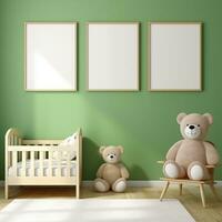 AI generated Collection of Nursery Room Frame Mockups Ready for Displaying POD Poster Illustrations photo