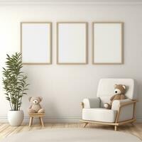 AI generated Collection of Nursery Room Frame Mockups Ready for Displaying POD Poster Illustrations photo