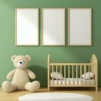 AI generated Collection of Nursery Room Frame Mockups Ready for Displaying POD Poster Illustrations photo