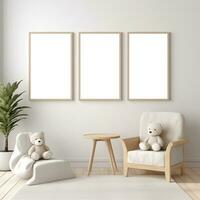 AI generated Collection of Nursery Room Frame Mockups Ready for Displaying POD Poster Illustrations photo