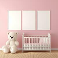 AI generated Collection of Nursery Room Frame Mockups Ready for Displaying POD Poster Illustrations photo