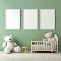 AI generated Collection of Nursery Room Frame Mockups Ready for Displaying POD Poster Illustrations photo