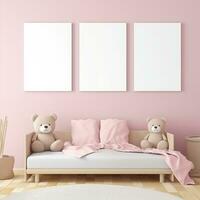 AI generated Collection of Nursery Room Frame Mockups Ready for Displaying POD Poster Illustrations photo