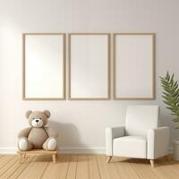 AI generated Collection of Nursery Room Frame Mockups Ready for Displaying POD Poster Illustrations photo