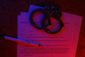 District court Notice of the lawsuit and request to waive service of a summons. Papers with handcuffs and blue pen on table photo