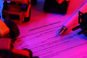 Construction contract with pen lies on table with many yellow construction and service toy vehicles photo