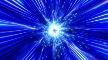 Beautiful abstract blue tunnel made of futuristic digital stripes and lines glowing with bright magic energy on a black space background. Abstract background video