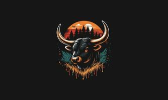 head cow long horn on forest vector artwork design