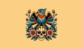 pájaro con cabeza cráneo y flores vector mascota diseño