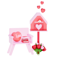 San Valentino cassetta postale con un' piccolo sedia e un' pila di a tema amoroso libri su un' trasparente sfondo, 3d interpretazione png