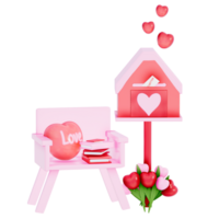 valentine brevlåda med en små stol och en stack av kärlekstema böcker på en transparent bakgrund, 3d tolkning png