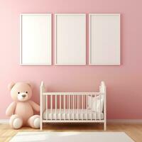 AI generated Collection of Nursery Room Frame Mockups Ready for Displaying POD Poster Illustrations photo