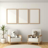 AI generated Collection of Nursery Room Frame Mockups Ready for Displaying POD Poster Illustrations photo