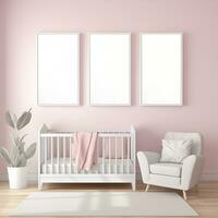 AI generated Collection of Nursery Room Frame Mockups Ready for Displaying POD Poster Illustrations photo