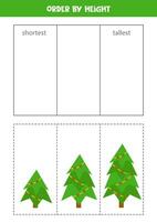 Sorting game for kids. Sort Christmas trees by height. vector