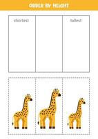 Match cute giraffes by height. Educational worksheet for kids. vector