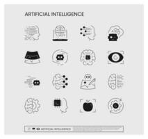 Set of artificial intelligence related icons, machine learning, smart robotic, thinking machine, humanoid robot, face recognition, ai technology possibilities and linear variety vectors. vector