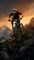AI generated Cyclist Riding the Bike on the Rocky Trail at Sunset. Extreme Sport Concept photo