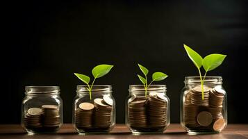 ai generado inversión concepto, monedas en el vaso dinero tarro con verde planta foto