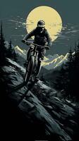 AI generated Illustration mountain bike rider in the mountains at full moon photo