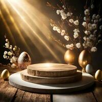 AI generated Easter background with round podium and easter ornaments, dark background theme photo