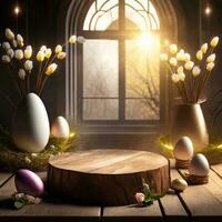 AI generated Easter background with round podium and easter ornaments, dark background theme photo