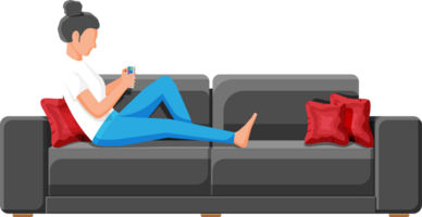 Young woman holding smartphone, lying on sofa. png