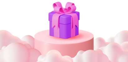 3D Pink Podium with Gift Box in Fluffy Clouds png