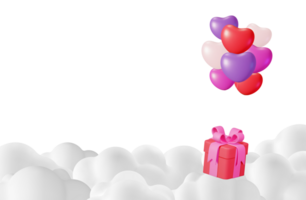 3D Gift Box with Heart Balloons in Clouds png