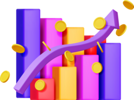 3d crecimiento valores gráfico flecha con dorado monedas png