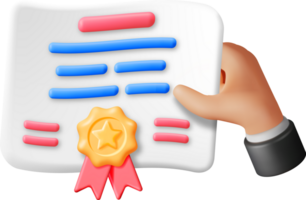 3d certificado icono con sello y cinta en mano png