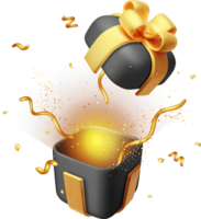 3d Open geschenk doos met gouden confetti. png