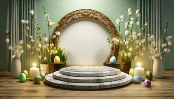 AI generated Easter background with round podium and easter ornaments photo