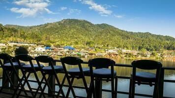 Terrace view with mountain reflect on water video